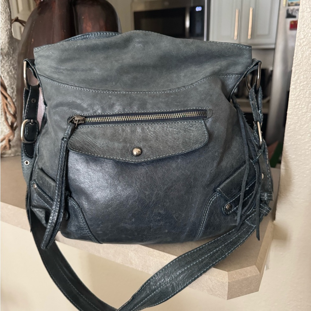 Vintage Marco Buggiani Teal Leather Shoulder Bag Distressed Italy 14”